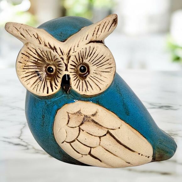Unmarked Other - Handcrafted Ceramic 5” Owl Figurine Turquoise Rustic Folk Art Decor Nature Boho